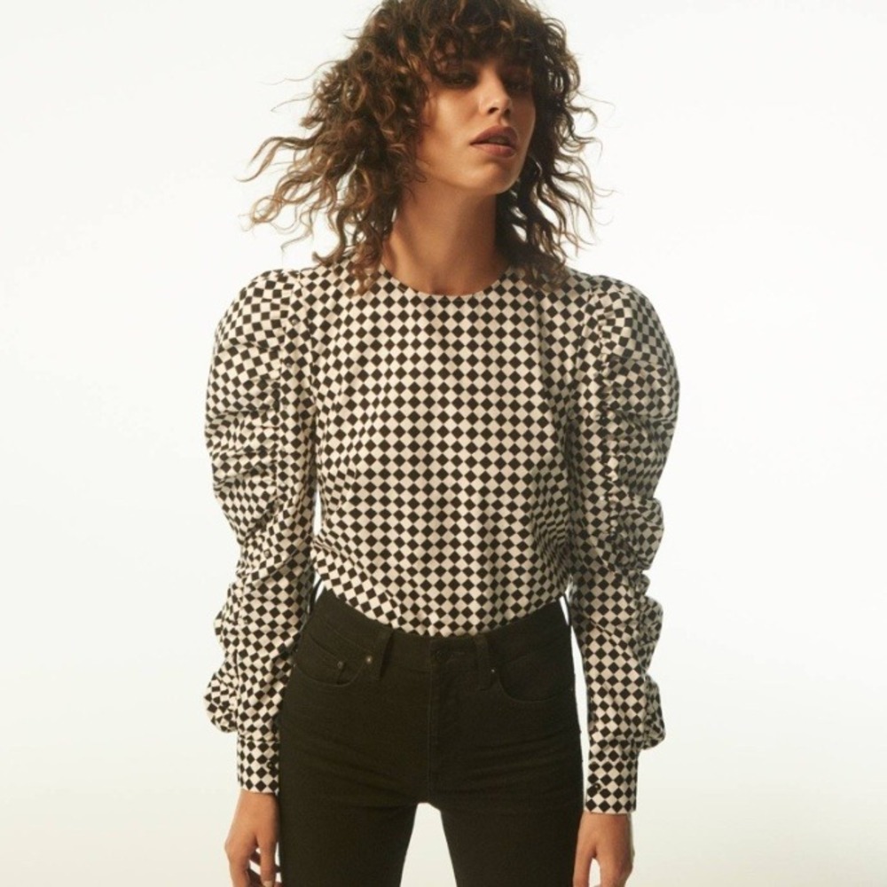H&M Checkered Puff Sleeve Top Size 2 Harlequin Jester Clowncore